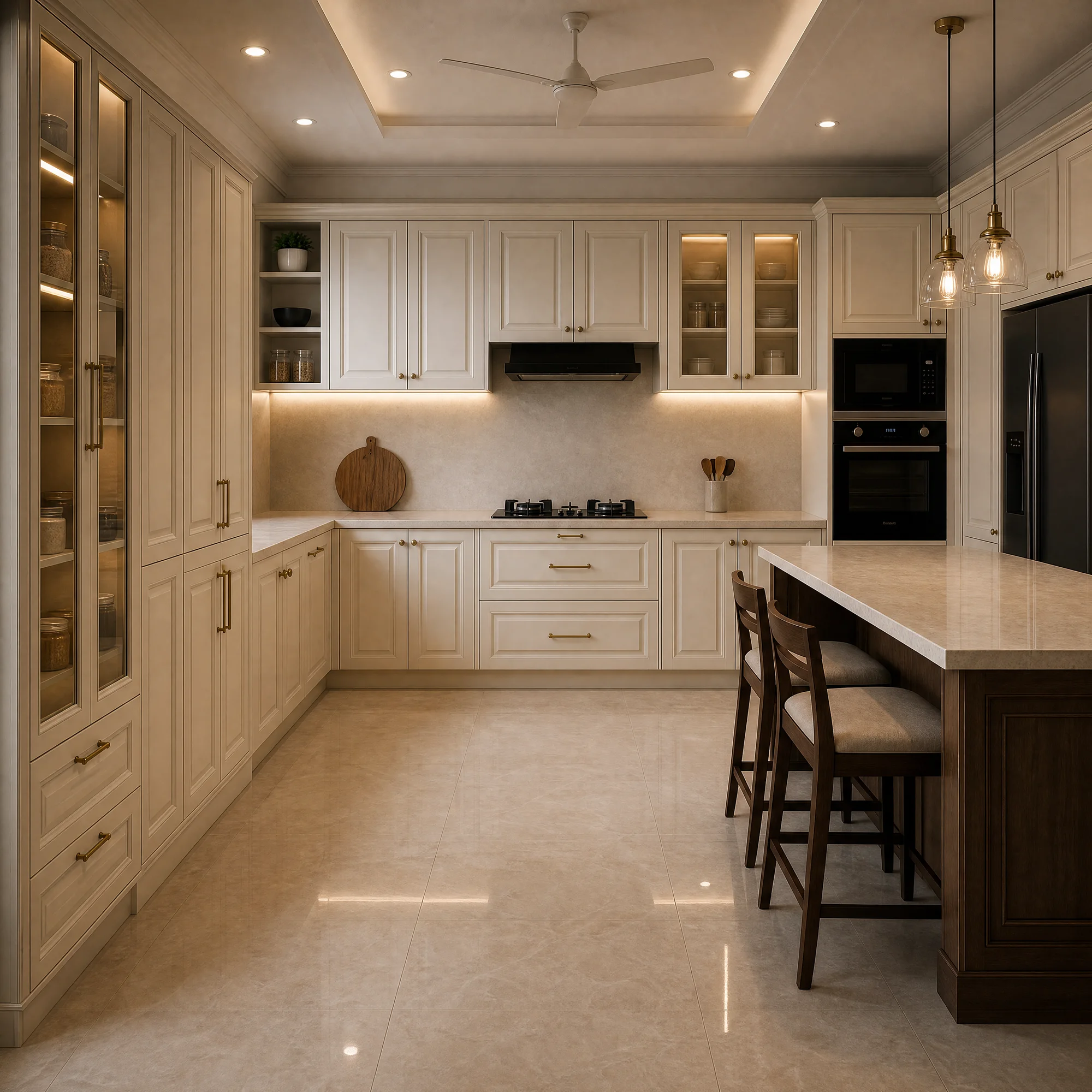 Warm cream modular kitchen with glass-front cabinetry and pendant-lit island
