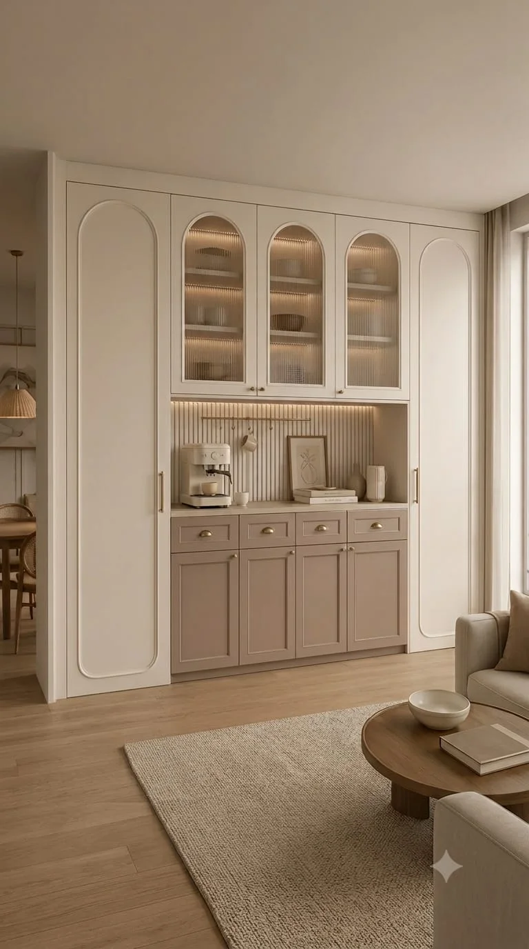 Concept: cream arched wardrobe and cabinetry with built-in coffee bar