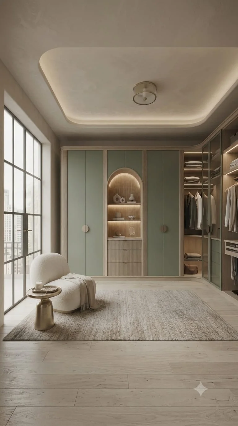 Concept: sage-green walk-in wardrobe with arched display niche