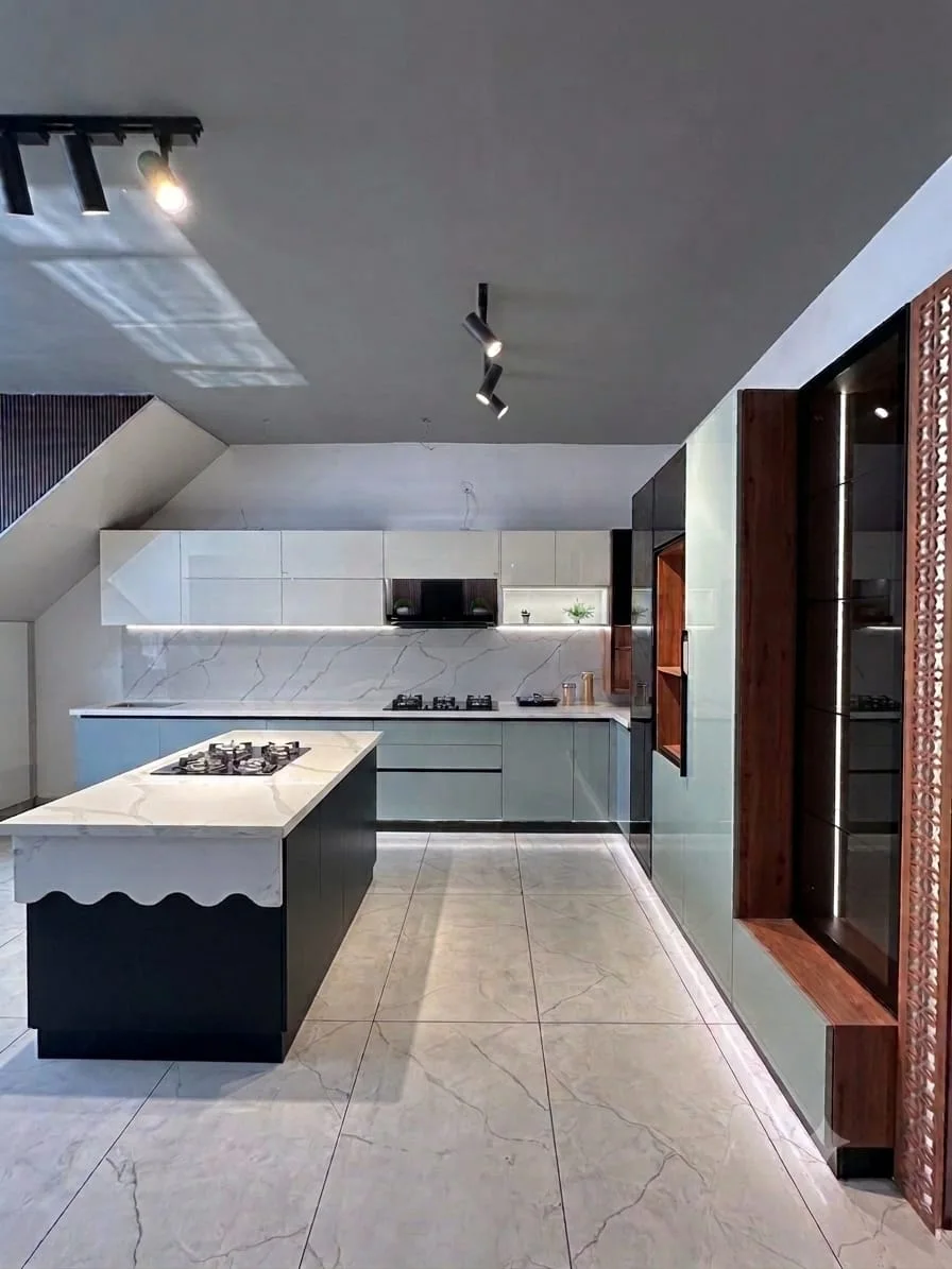 Hill Tuff completed kitchen interior — attic-level family kitchen with marble island