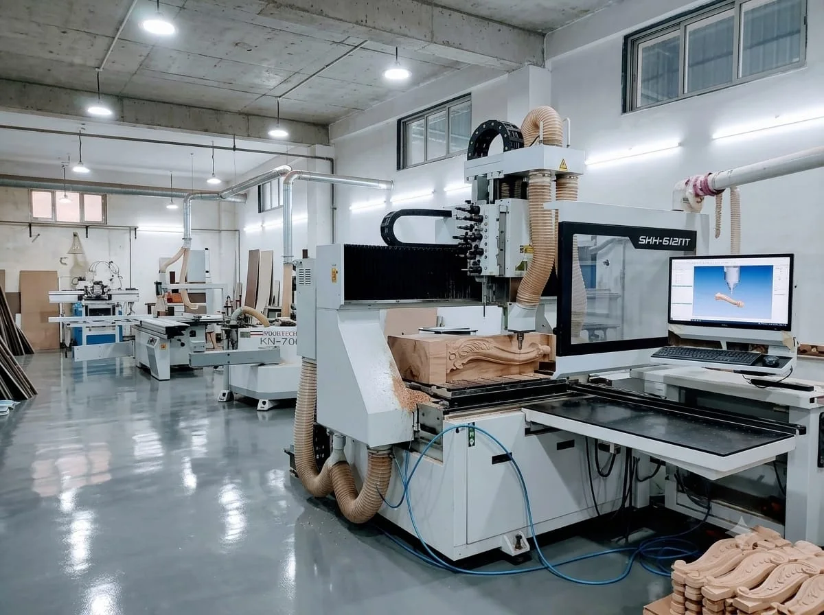 Hill Tuff factory floor — CNC router cutting a bespoke panel