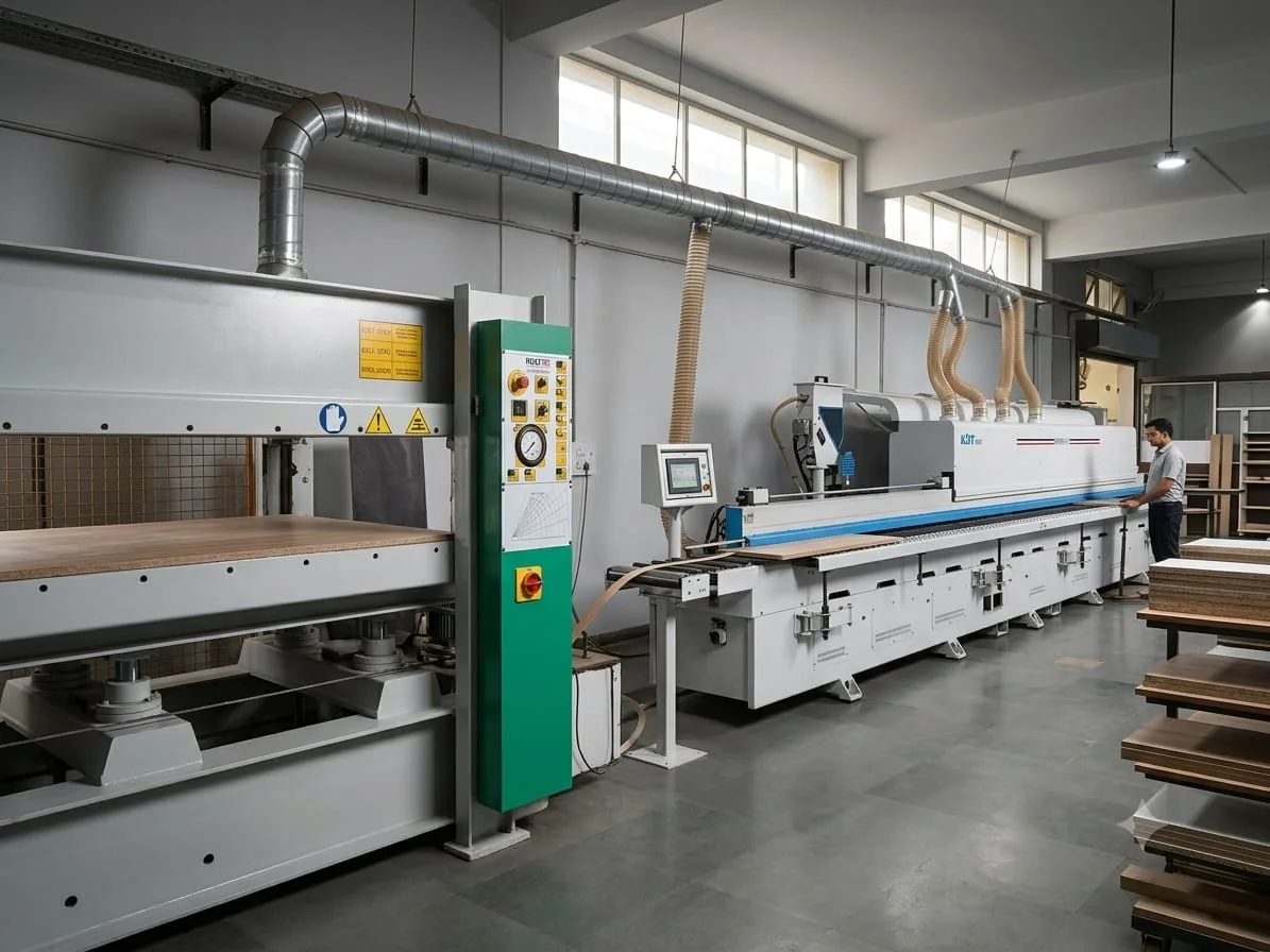 Hill Tuff factory floor — hydraulic hot press and edge-banding line