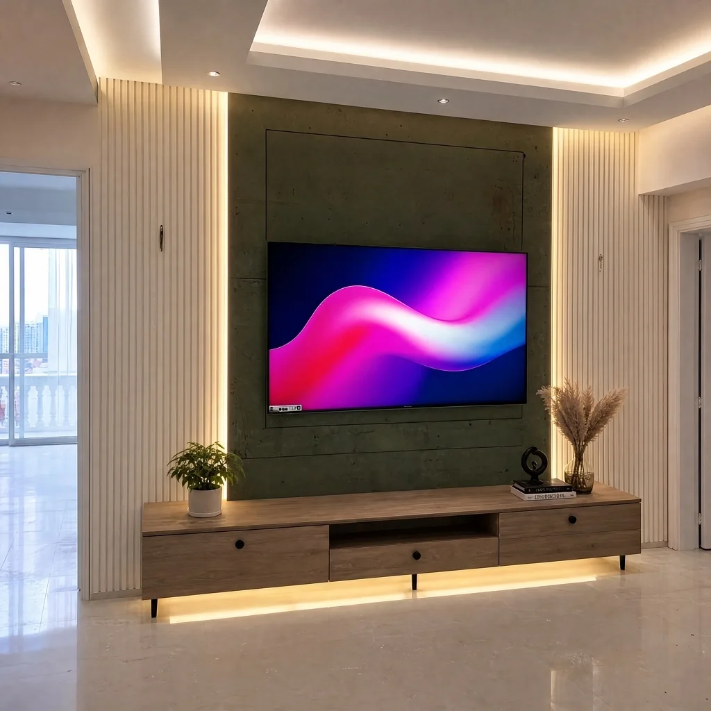 Fluted oak TV feature wall with stone-effect backdrop and low wooden console