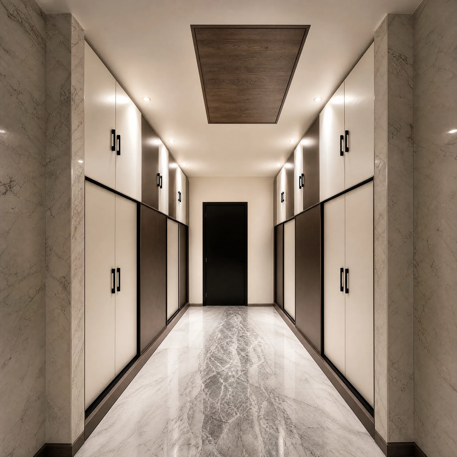 Wardrobe corridor in cream and dark walnut panels with marble flooring