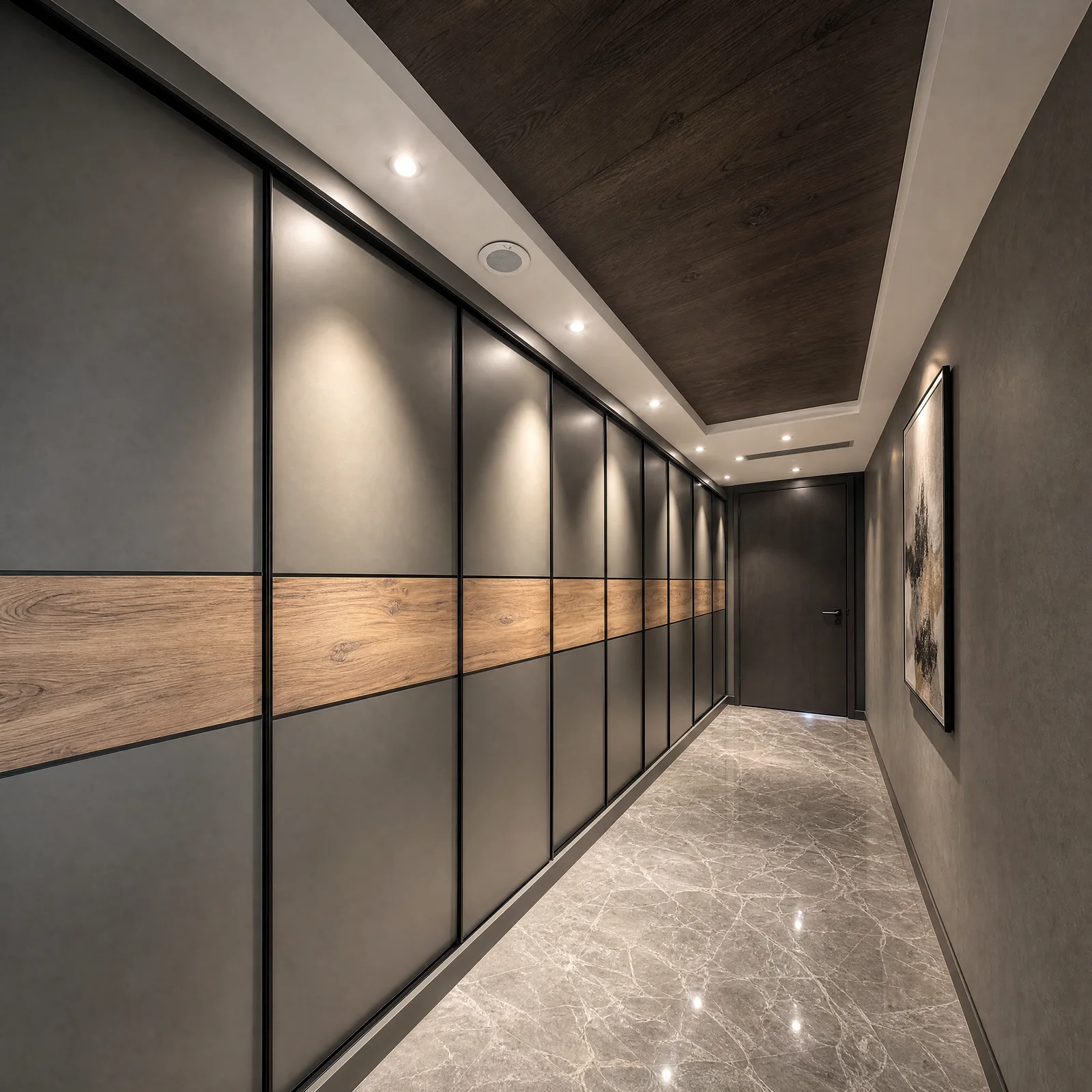 Charcoal wardrobe run banded with a warm oak inlay strip
